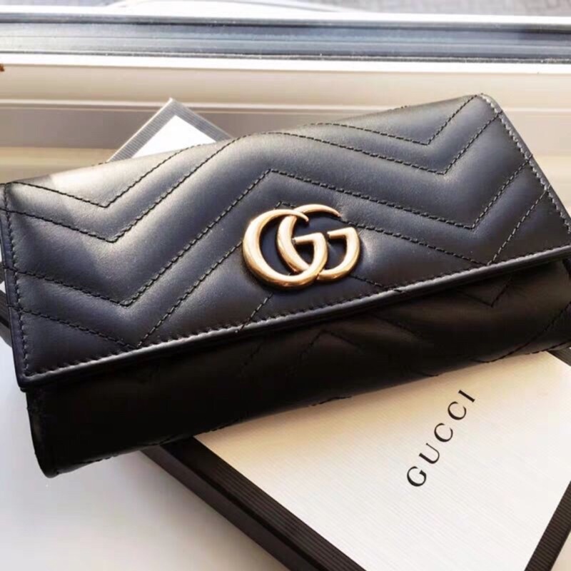 「全新」Gucci 古馳 山形紋翻蓋扣式長夾 皮夾 黑色 拉鍊錢包