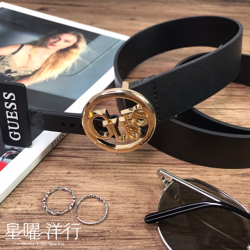 女生 Guess 黑色 皮革 金屬圓釦 logo 金釦 質感  皮帶 腰帶