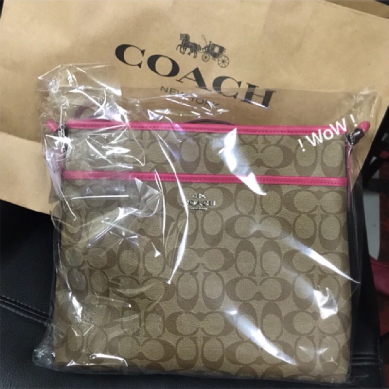 🔴日本帶回🔴美國正品 COACH 馬車LOGO 方形 咖啡桃紅色 真皮牛革 PVC皮革斜背包 58297 34938