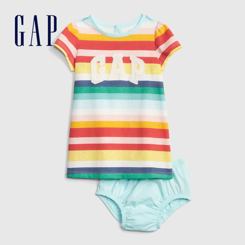 Gap 嬰兒裝 Logo撞色條紋短袖洋裝含尿布套-彩色條紋(469186)