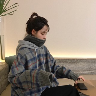 蔓莎💞2023假兩件拼接格子高領連帽加厚加絨套頭衛衣女秋冬新款韓版寬松長袖 女生衣著 上衣