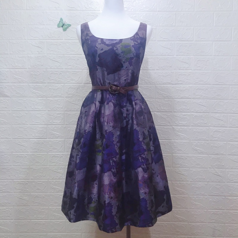 全新 donna morgan專櫃品牌緞質 洋裝 長蓬密摺大裙襬 小禮服 無袖連身裙 羅蘭紫
