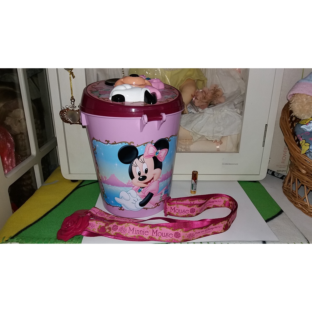 早期二手(舊品) 日本東京迪士尼 (米妮) 爆米花桶 空罐  (背帶左右2邊的花朵少一朵)