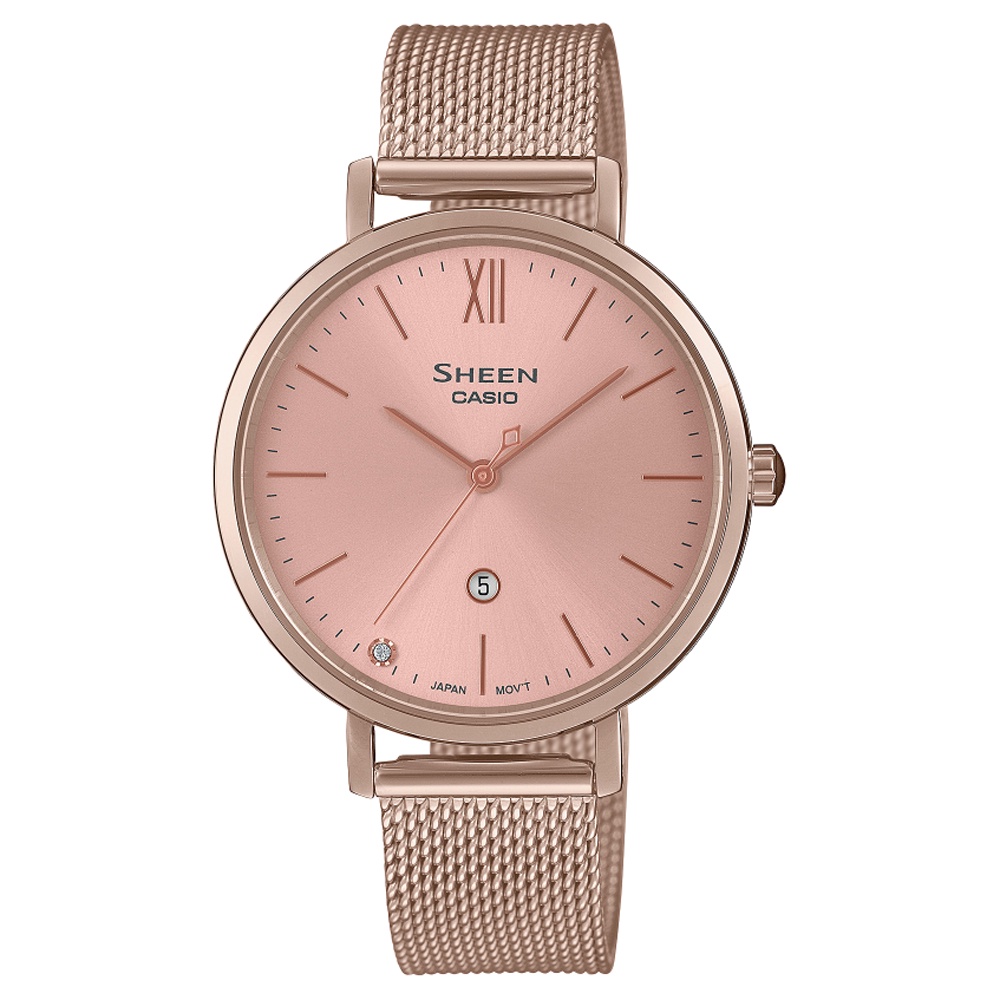 【CASIO 卡西歐】SHEEN 簡約優雅米蘭錶帶淑女腕錶-粉色34mm(SHE-4539CM-4A 藍寶石水晶玻璃)