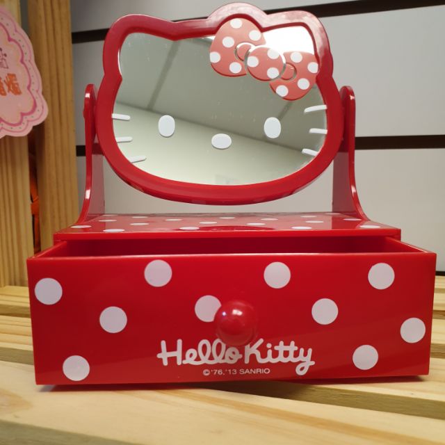 日本品牌 三麗鷗 正品現貨 Hello Kitty 展示品出清 造型紅色波點附抽屜桌上立鏡