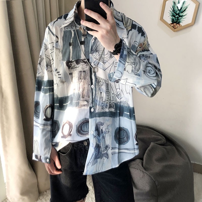 K 2 希臘神話水墨抽象花襯衫滿版飛鼠袖oversize 寬鬆長袖襯衫襯衫潮流特殊 B4 蝦皮購物