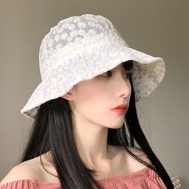 韓國小雛菊刺繡漁夫帽子女薄款夏天防晒出遊韓版蕾絲透氣遮陽盆帽
