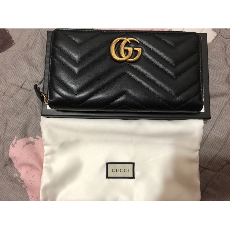 GUCCI 二手 正品 GUCCI Marmont 黑色車縫皮革復古雙G拉鍊長夾