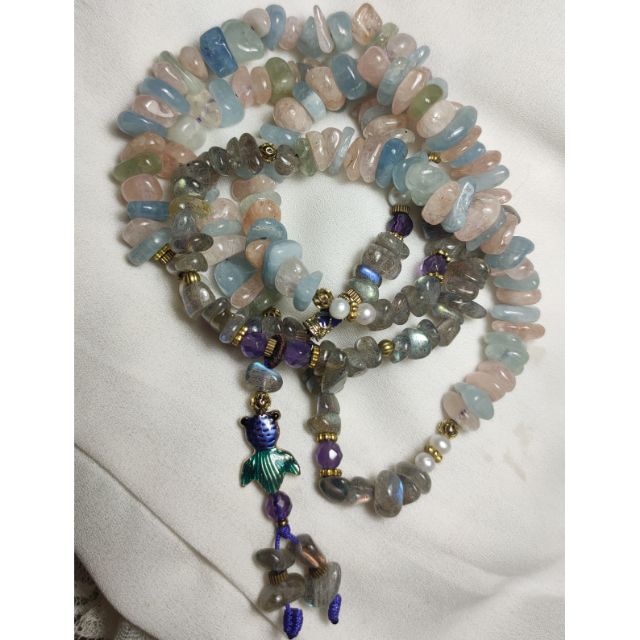天然 海藍寶 摩根石 珍珠 琺瑯 紫水晶 透料 拉長石 念珠 4圈手鍊 手珠