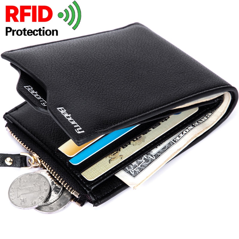 Baborry 實心 RFID 保護男士皮革錢包可拆卸阻塞卡包男士錢包帶零錢包