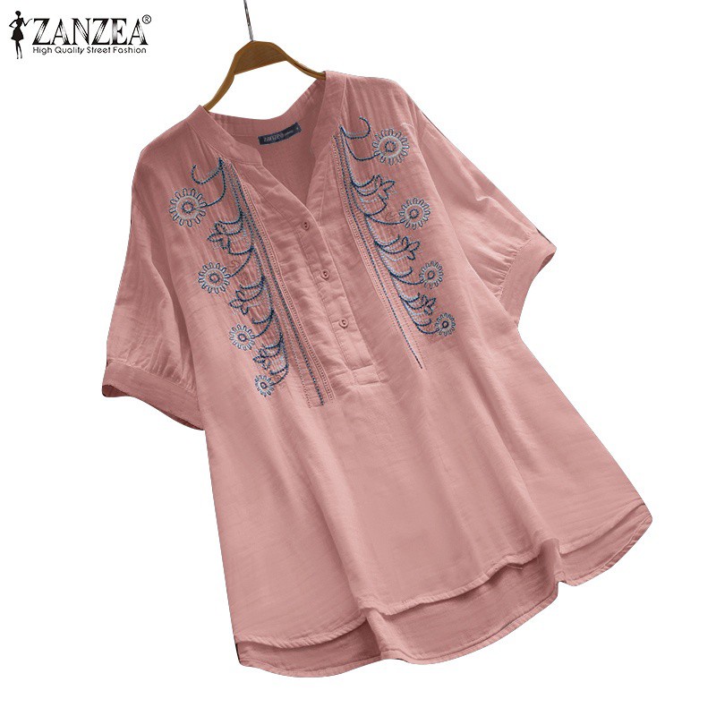 ZANZEA 女式短袖民族刺繡休閒復古 V 領上衣