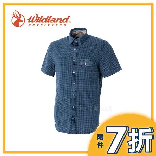 【Wildland 荒野 男款 彈性格子布短袖襯衫《深藍》】0A51208/春夏款/短袖/襯衫/悠遊山水