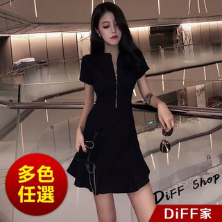 【DIFF】韓版新款極簡主義心機拉鍊黑色洋裝 套裝 小黑裙 連衣裙 裙子 衣服 女裝 上衣 約會 禮服【T214】