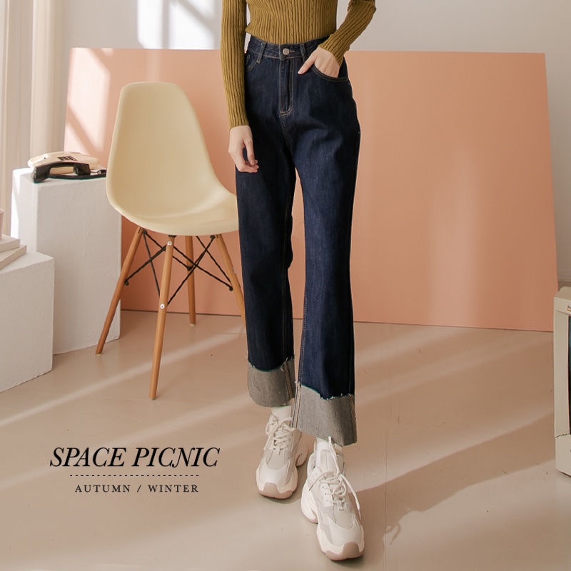 [明天出貨] Space Picnic｜抽鬚反摺牛仔直筒褲-3色(現貨)【C21082010】