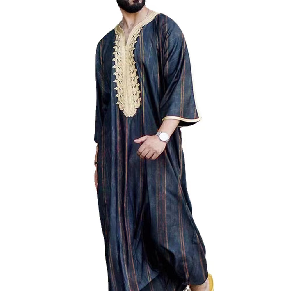 新伊斯蘭風格的禮服阿拉伯中東齋齋節寬鬆黑色刺繡穆斯林長袍男裝