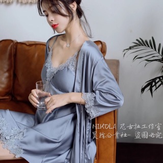 臺灣公司❤️開發票 高階絲質 女生衣著 熱銷 冰絲兩件式 女生 絲質睡衣 帶胸墊 直播 性感睡衣 蕾絲花 蕾絲 連身睡裙