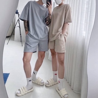 【衣衫倉庫】韓國 套裝 素面 8色 短袖 短褲 情侶 男女 休閒 百搭 寬鬆 落肩 套裝男 男生套裝 五分袖