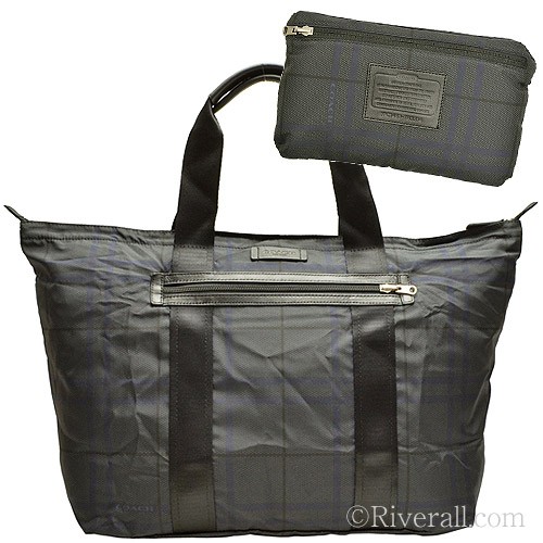 COACH 93314 灰藍格紋可摺式旅行袋/托特包/購物袋/肩背包 全新真品