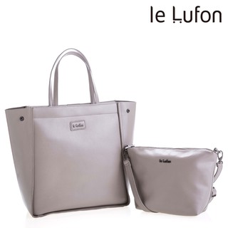 【le Lufon】雅致灰色荔枝紋皮革大容量靈活版型實用兩用肩提子母包(L) 兩用包 托特包 （棕／灰二色)