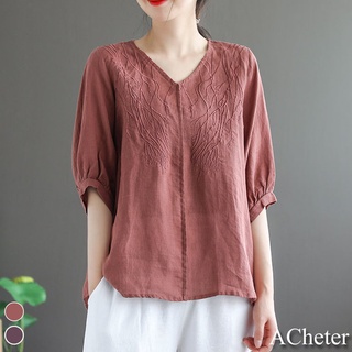 【ACheter】復古文藝重工刺繡顯瘦V領五分袖上衣110030