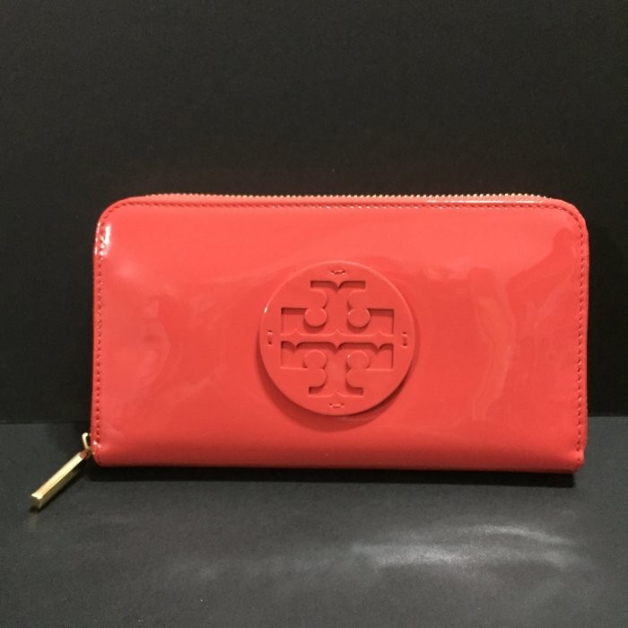 Tory Burch 經典 長夾 皮夾 果凍 亮漆皮 浮雕 大logo 有卡夾 珊瑚粉色 母親節禮物