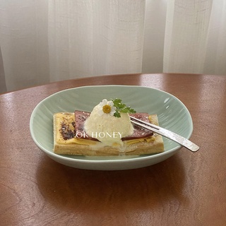 【新款】ins日式線條紋薄荷綠長深盤子糕點盤水果沙拉碗小橢圓湯盤碟餐廳