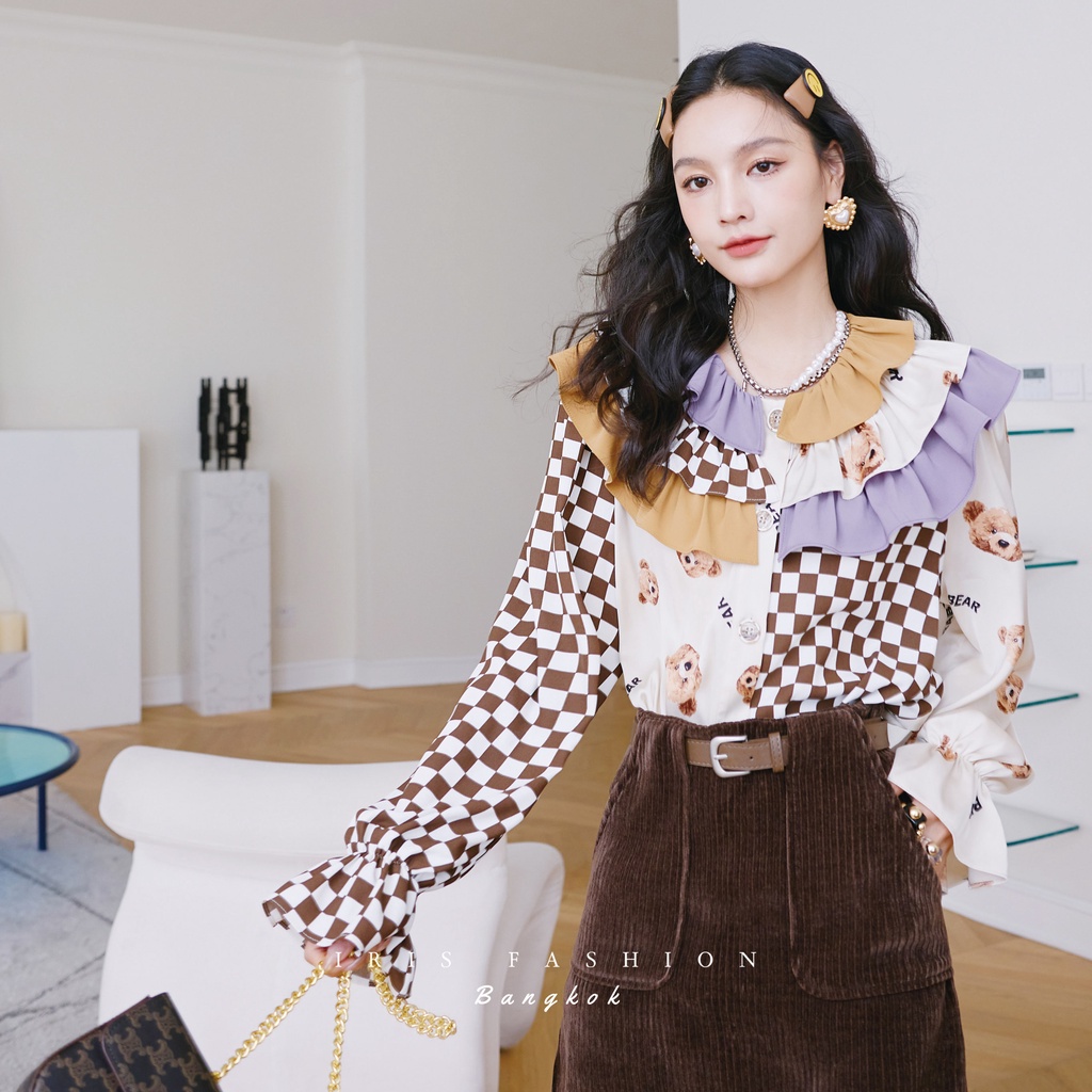 Iris Boutique IS2281067 22/SS 泰國原創設計 關於小熊的事 拼接撞色花邊女士襯衫上衣