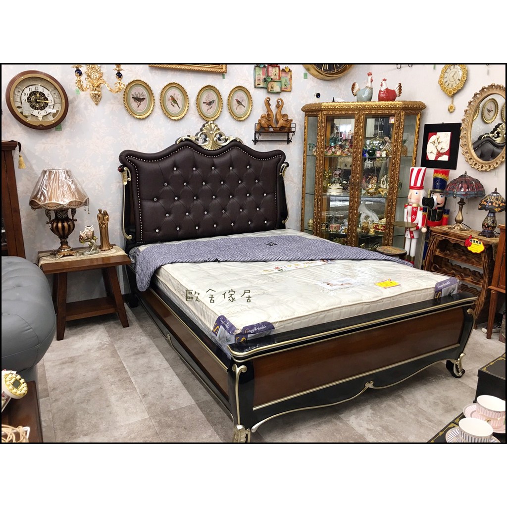 歐舍傢居 古典風床架 黑色床架 桃花心木 雙色描金5*6.2標準床 實木造型雙人床架 奢華風兩人床架