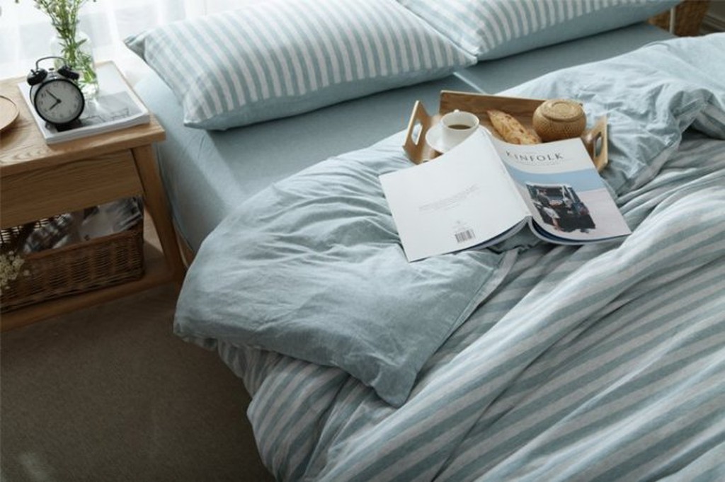 日式天竺棉系列~MUJI無印良品風 純棉簡約水藍色中條紋雙人床包被套4件組-吸汗/透氣/舒適~PicHome 挑 家居
