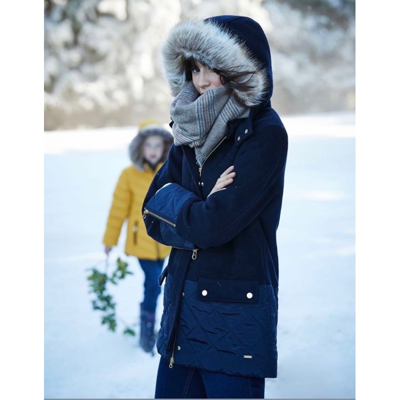 Miolla 英國品牌Joules 黑色/深藍色羊毛個性拼接帽可拆保暖鋪棉羊毛大衣/外套