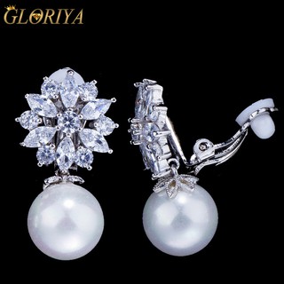時尚 CZ 水晶無孔耳環花朵無孔夾耳環女士珍珠耳夾首飾【Gloriya】E019