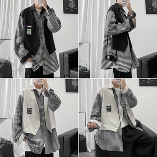假兩件襯衫男生 長袖上衣男 薄外套男士【M-3XL】設計感小眾日系vintage復古黑格子襯衣疊穿痞帥外套 木吉街風男裝