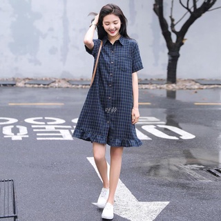 🔥台灣現貨🔥韓式潮流 短袖洋裝 格子洋裝 小清新裙子夏女新款春季a字sukol裙學生少女裝格子襯衫