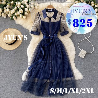 JYUN'S 秋季新款氣質網紗顯瘦氣質POLO領排扣修身中長款輕熟風禮服女短袖洋裝連身裙大尺碼1色S~2XL預購