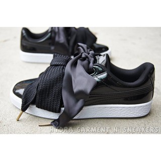 【HYDRA】Puma Basket Heart Patent 蝴蝶結 寬版鞋帶 緞帶 亮皮 黑金 363073-01