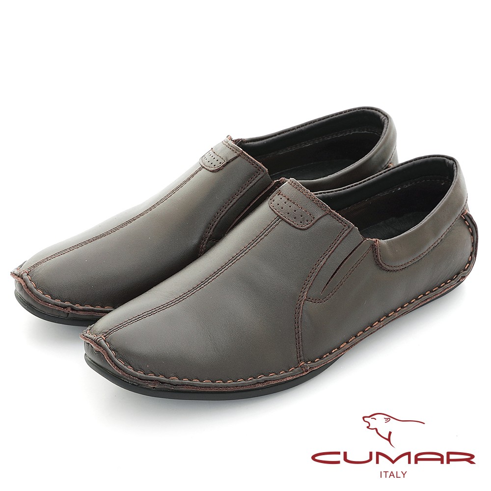 【CUMAR】真皮舒適 經典耐看真皮休閒便鞋 - 咖啡色