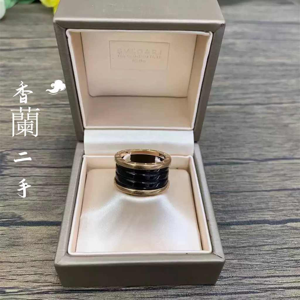香蘭二手 BVLGARI 寶格麗 B.ZERO1系列 AN855563 18K黑陶瓷戒指 玫瑰金戒指 四環 金彈簧戒指