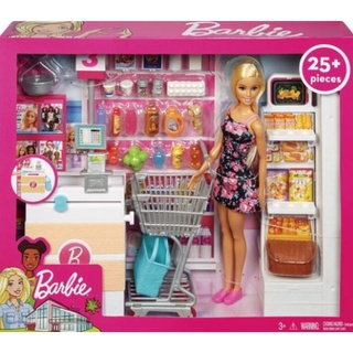 Mattel-Barbie 芭比娃娃-芭比超級市場組合連娃娃(內含芭比娃娃及超市櫃台推車展架各式食物)