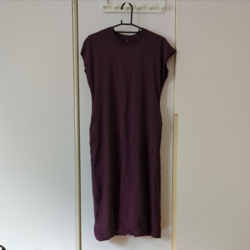 二手）Uniqlo 柔滑棉法式袖長洋裝 (短袖) /紫色/S