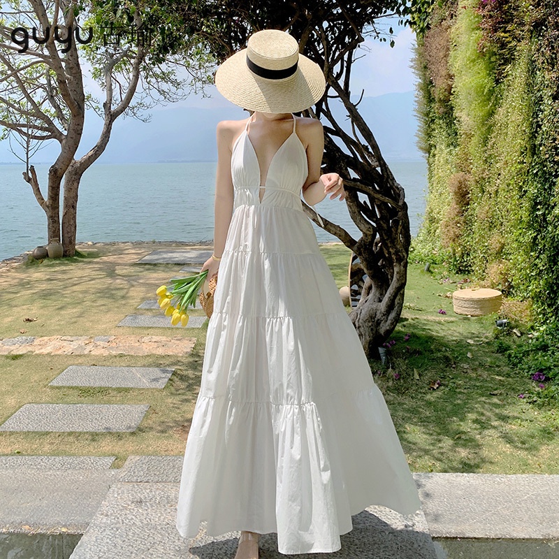 女神性感美背吊帶長洋裝 S-L 白色 名媛海邊度假洋裝 超大擺A字連衣裙 長裙