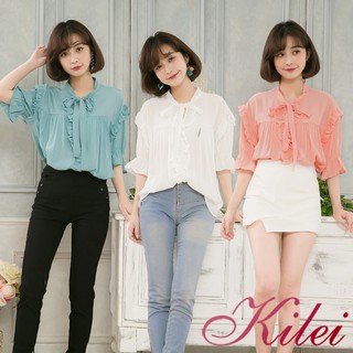【Kilei】女裝 女生衣著 V領綁帶波浪袖五分短袖上衣XA4131(共3色)全尺碼