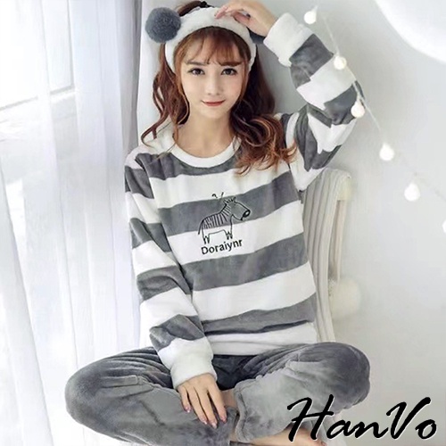 【HanVo】灰灰動物法蘭絨睡衣套裝 韓版舒適保暖日常可愛家居服 兩件式長袖長褲睡衣 女生衣著 5930