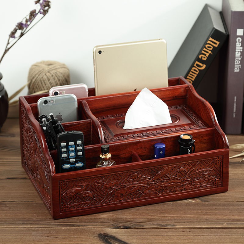 【品質收納】家用茶幾多功能收納盒紅木紙巾盒實木桌面遙控器雜物整理收納架