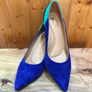 全新-ANNALEE藍色綠條麂皮面高跟鞋-36.5