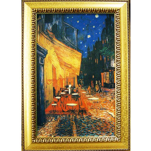 【梵谷名畫】夜間露天咖啡座 壁飾 掛畫 60x43cm 本幅特別裱褙金銀浮雕藝術框