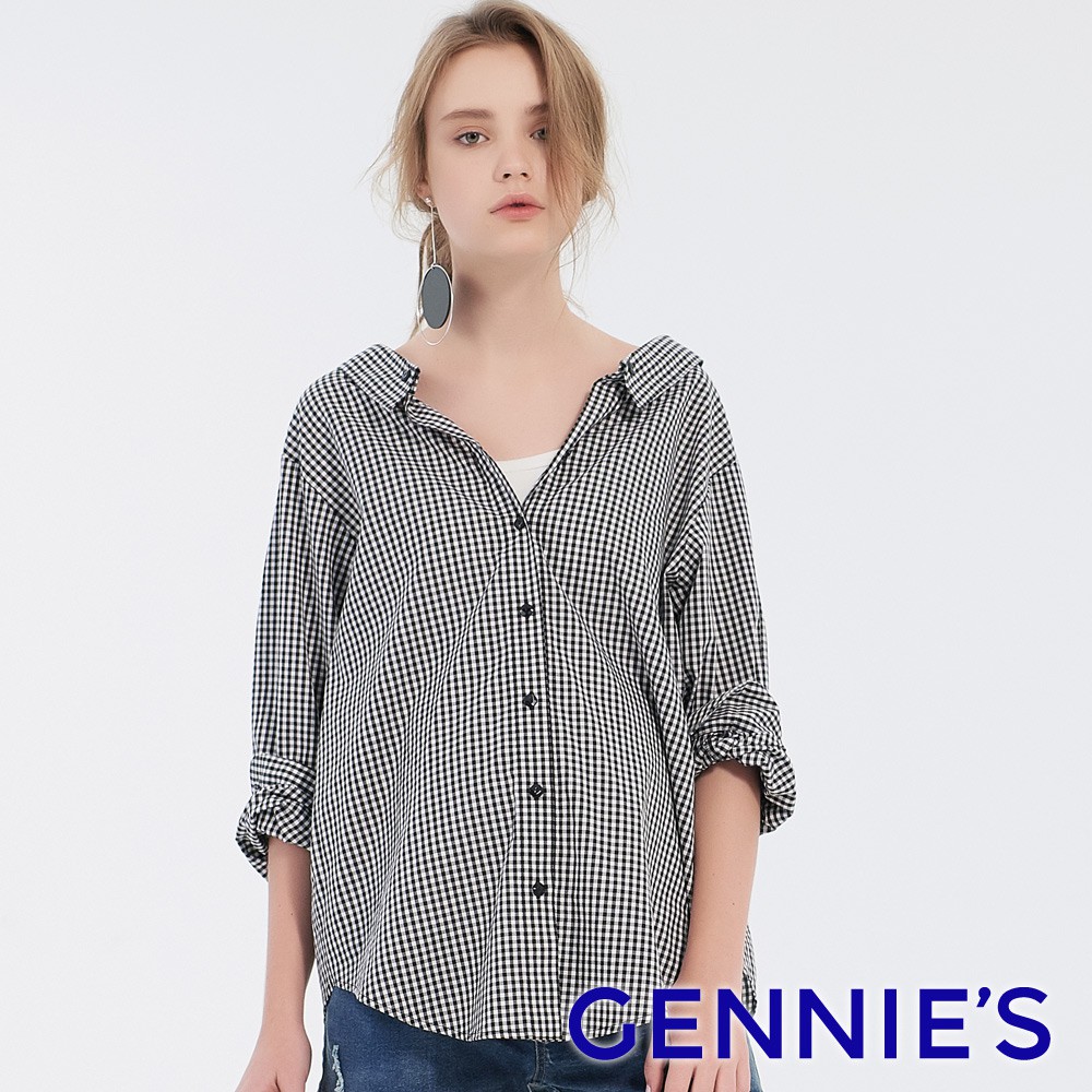 【Gennies 奇妮】兩穿式抓皺修身排扣格紋襯衫-黑白格(T3F01)