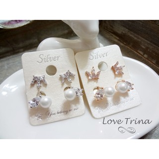 【Love Trina】韓國進口。正韓。5939-0450 滿鑽皇冠珍珠後釦式耳針式耳環--925銀針(2色)