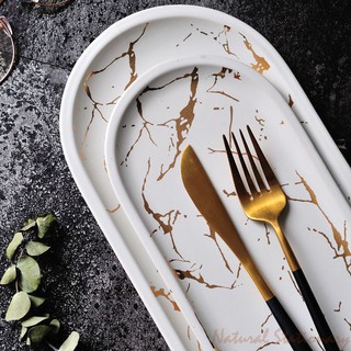 ⟪台灣現貨⟫歐式奢華 金色長方大理石紋陶瓷餐盤 西餐專用餐盤 居家精緻點綴