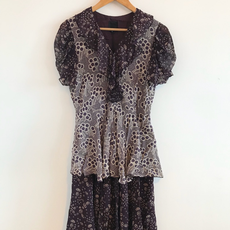 Anna Sui 美國精品名牌 純絲巴洛克復古雪紡洋裝 美國製
