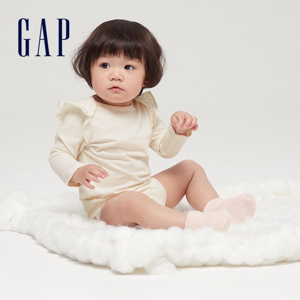 Gap 嬰兒裝 棉質舒適素色長袖包屁衣 布萊納系列-象牙白(663821)